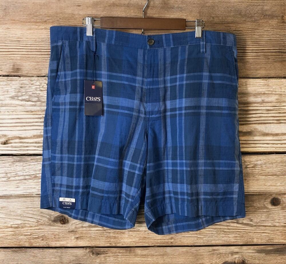 Chaps Deep Water Blue Plaid 100% Cotton Shorts 9-inch Inseam Men's Size 40 NWT